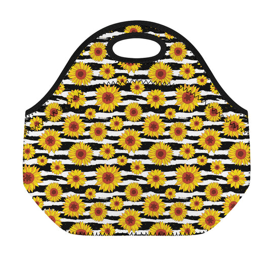 White And Black Stripe Sunflower Print Neoprene Lunch Bag