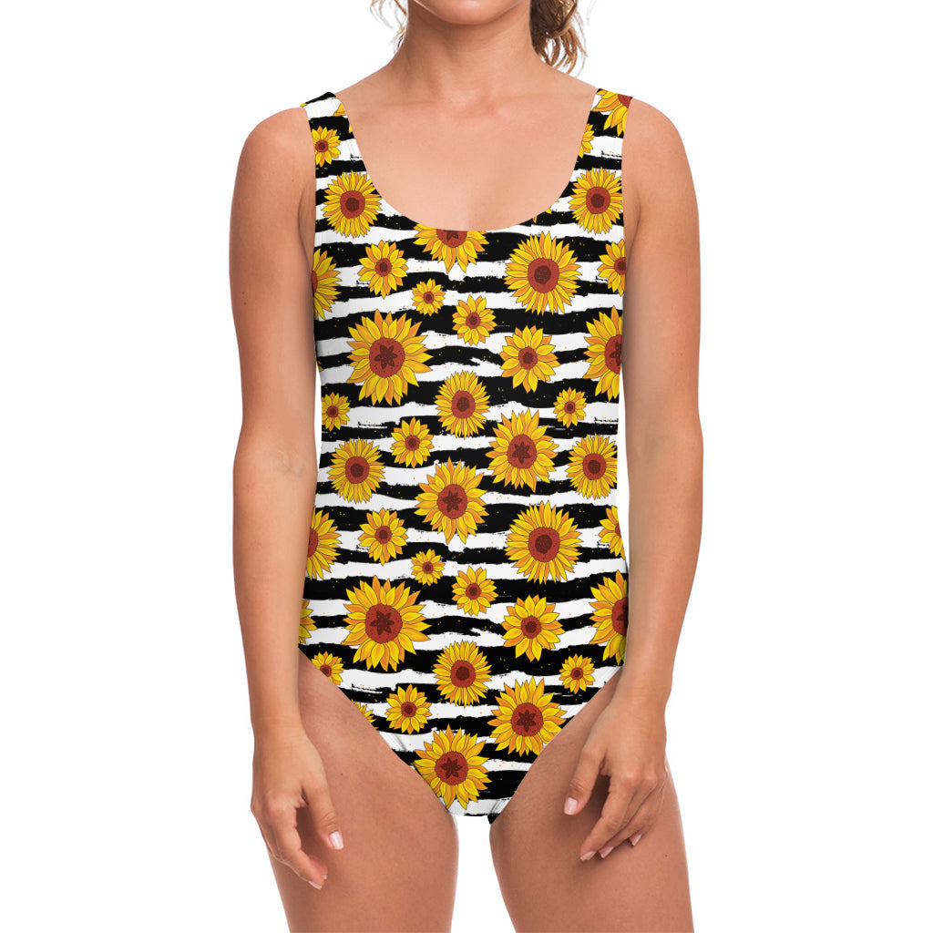 White And Black Stripe Sunflower Print One Piece Swimsuit
