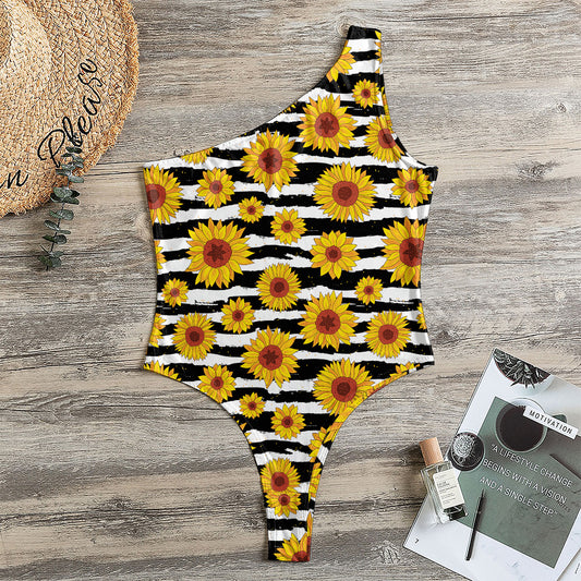 White And Black Stripe Sunflower Print One Shoulder Bodysuit