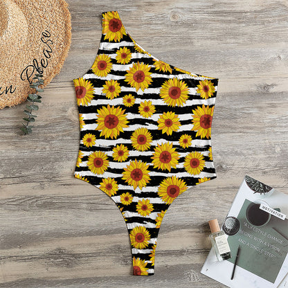 White And Black Stripe Sunflower Print One Shoulder Bodysuit