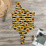 White And Black Stripe Sunflower Print One Shoulder Bodysuit