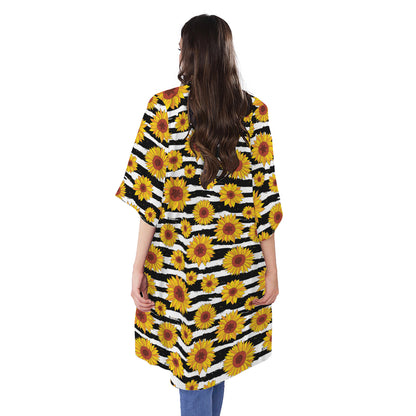 White And Black Stripe Sunflower Print Open Front Beach Cover Up