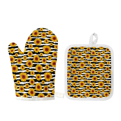 White And Black Stripe Sunflower Print Oven Mitt And Pot Holder Set