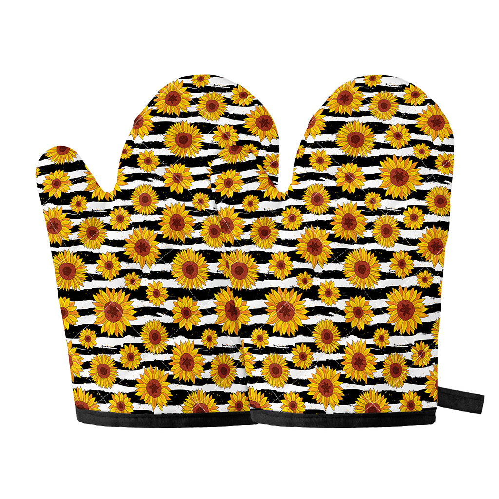 White And Black Stripe Sunflower Print Oven Mitts