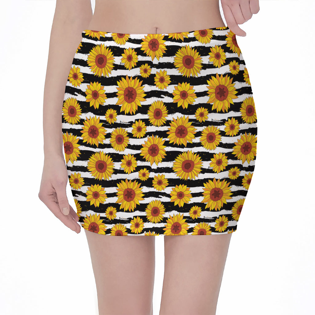 White And Black Stripe Sunflower Print Pencil Mini Skirt