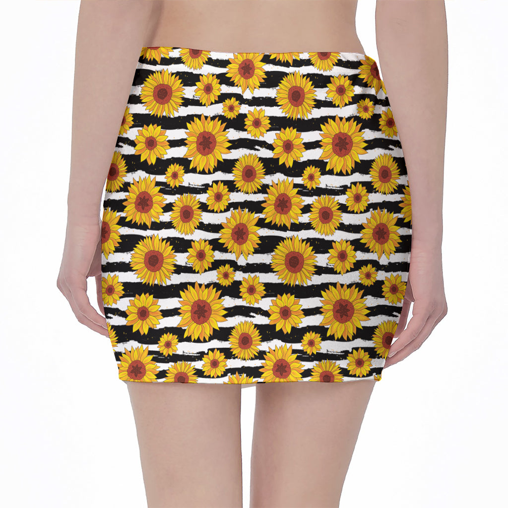 White And Black Stripe Sunflower Print Pencil Mini Skirt