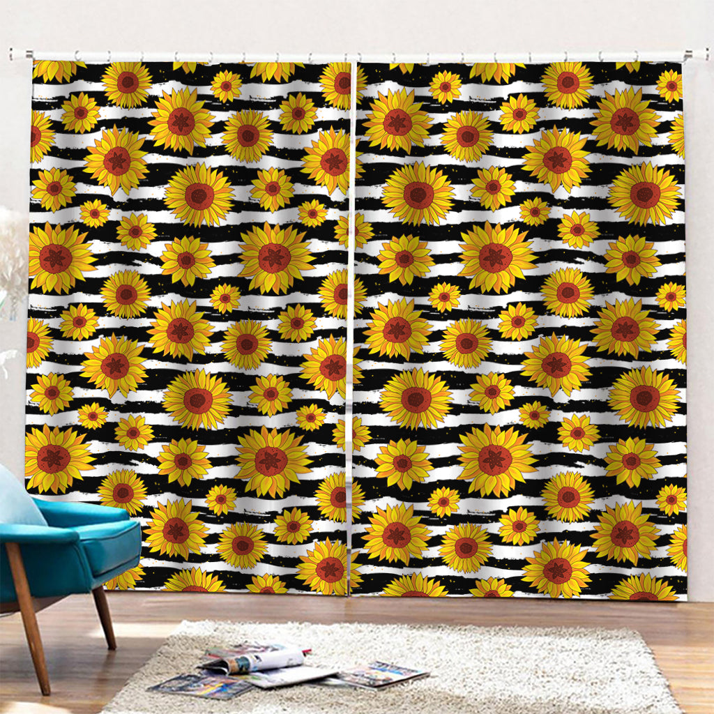 White And Black Stripe Sunflower Print Pencil Pleat Curtains