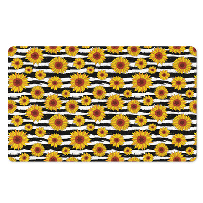White And Black Stripe Sunflower Print Polyester Doormat