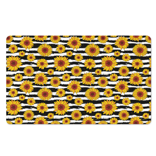 White And Black Stripe Sunflower Print Polyester Doormat