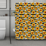 White And Black Stripe Sunflower Print Polyester Shower Curtain