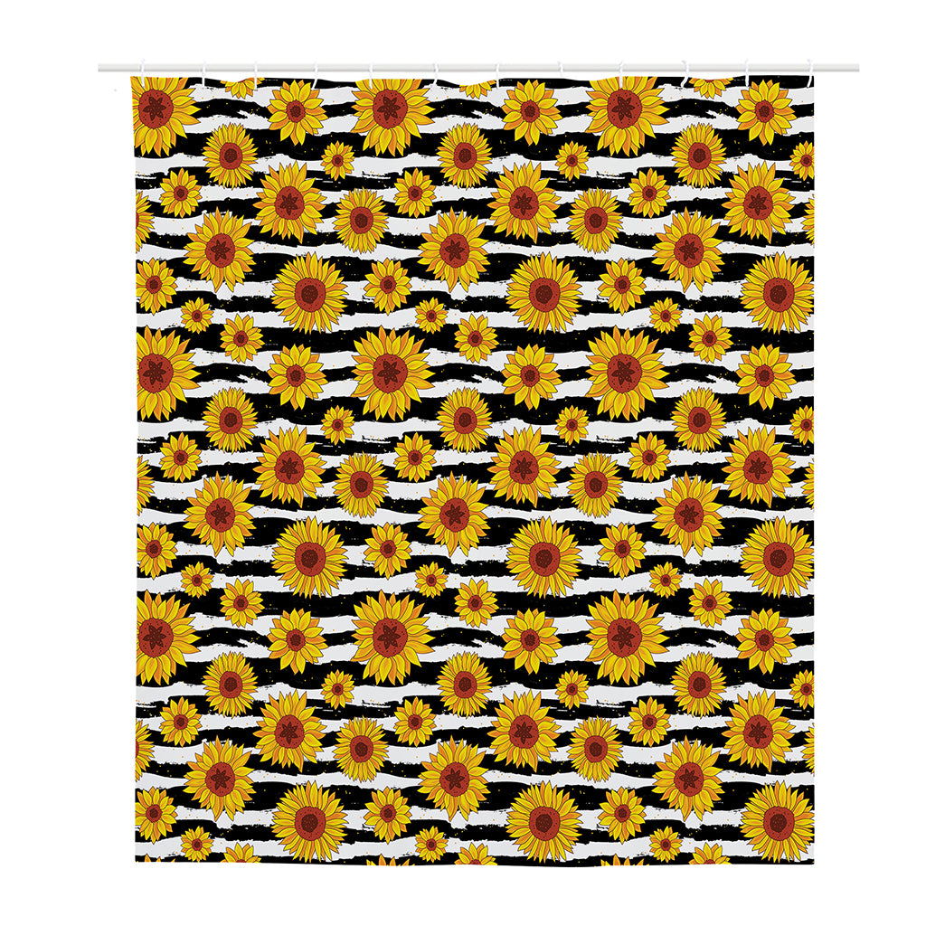 White And Black Stripe Sunflower Print Polyester Shower Curtain