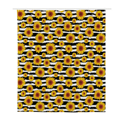 White And Black Stripe Sunflower Print Polyester Shower Curtain