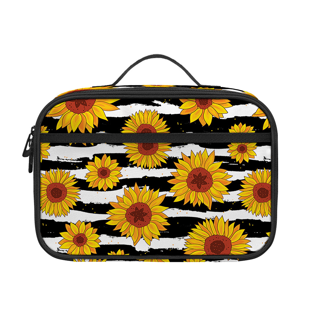 White And Black Stripe Sunflower Print Portable Lunch Bag