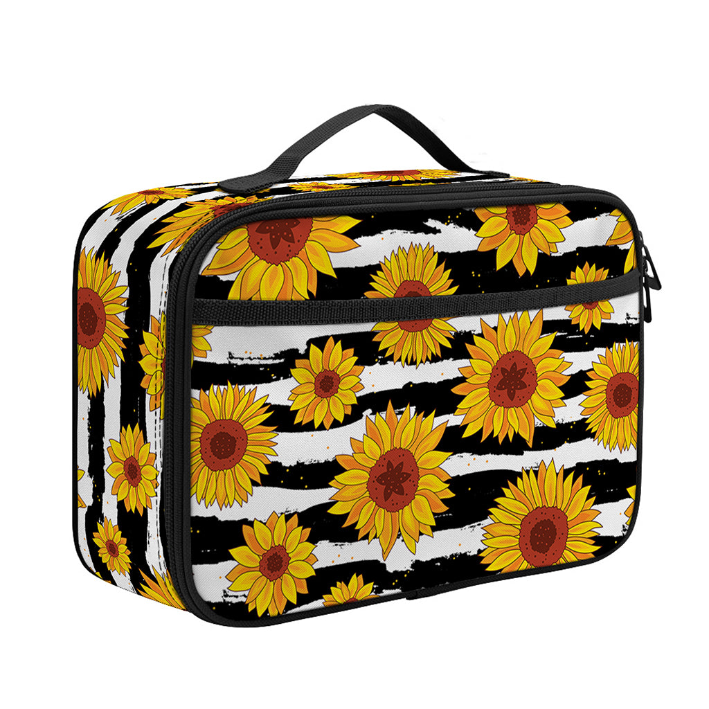 White And Black Stripe Sunflower Print Portable Lunch Bag