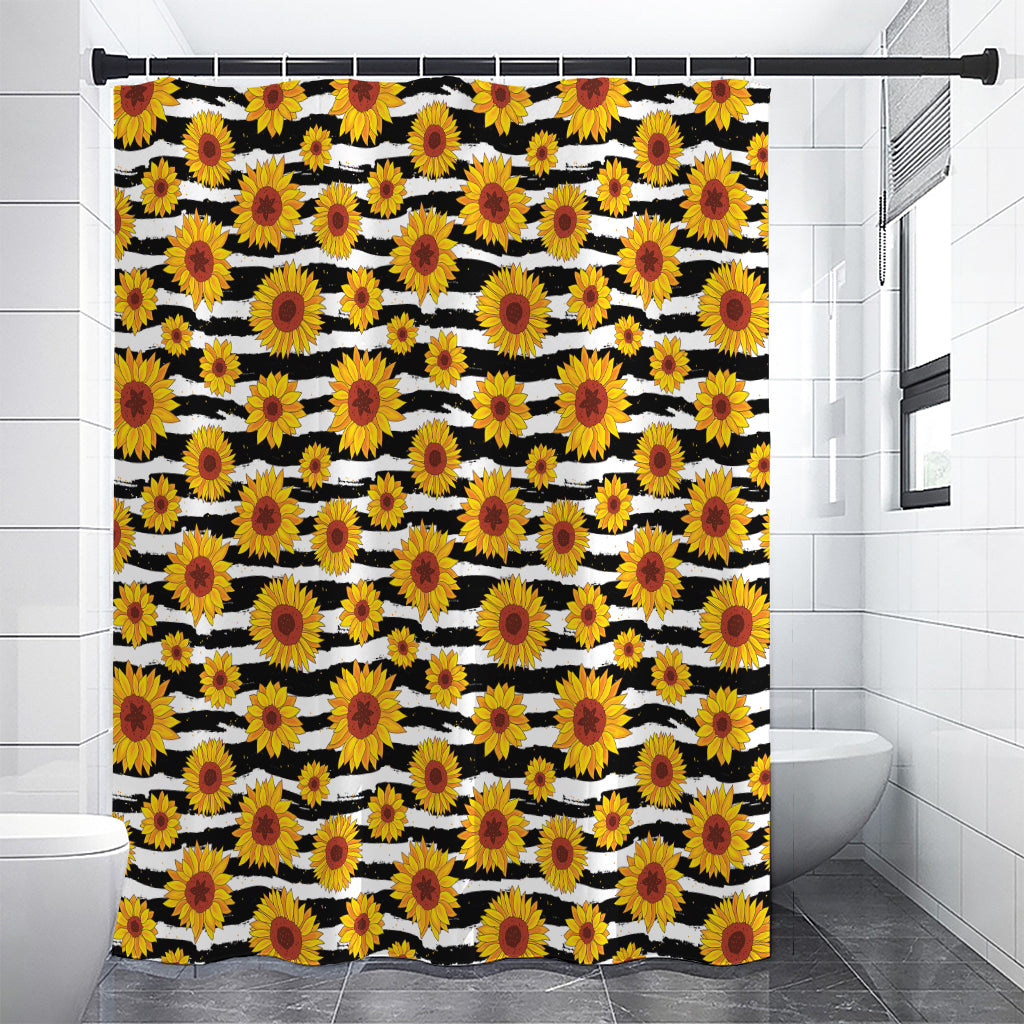 White And Black Stripe Sunflower Print Premium Shower Curtain