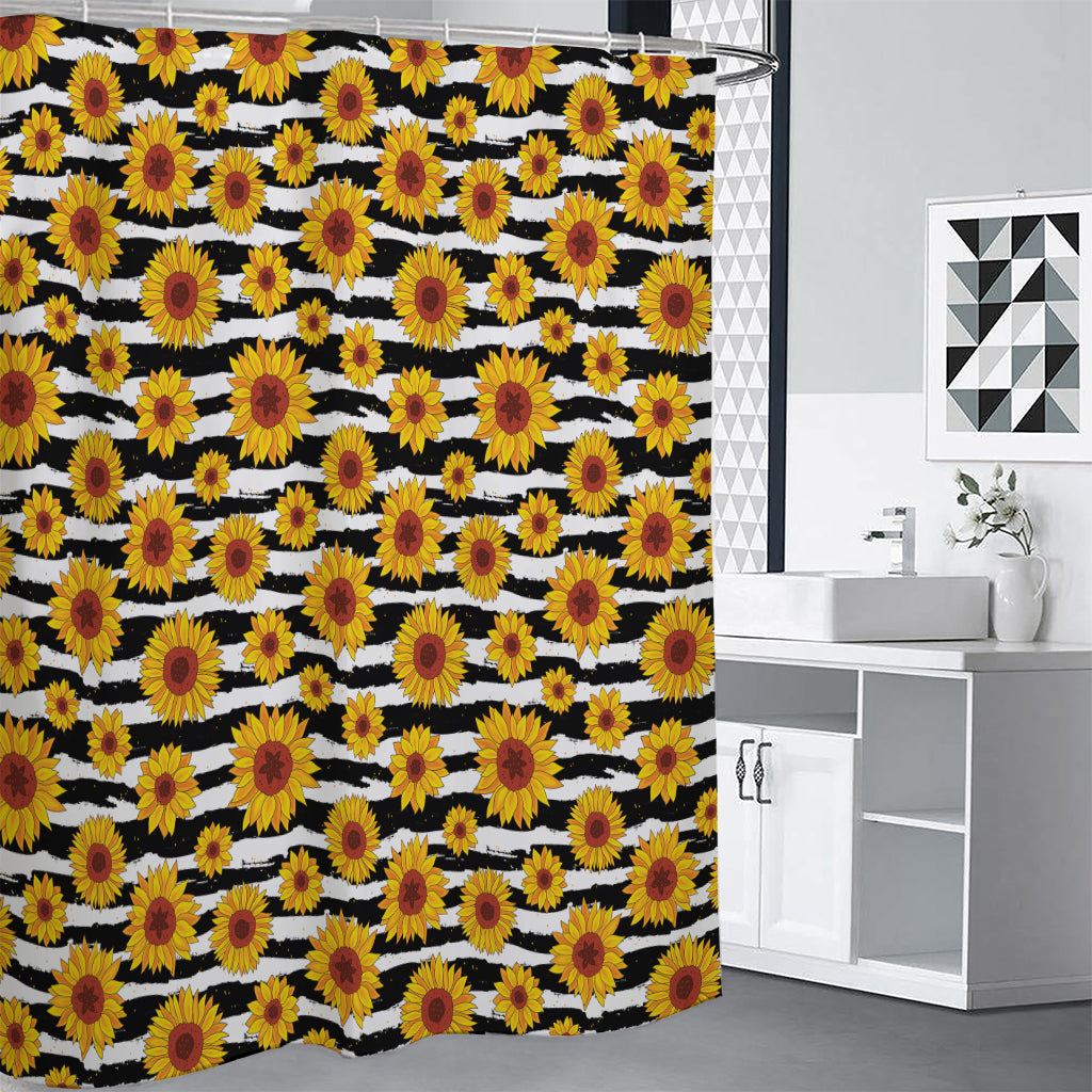 White And Black Stripe Sunflower Print Premium Shower Curtain