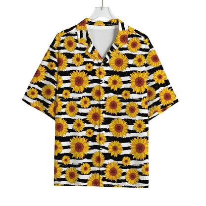 White And Black Stripe Sunflower Print Rayon Hawaiian Shirt