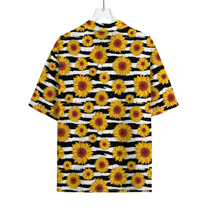 White And Black Stripe Sunflower Print Rayon Hawaiian Shirt