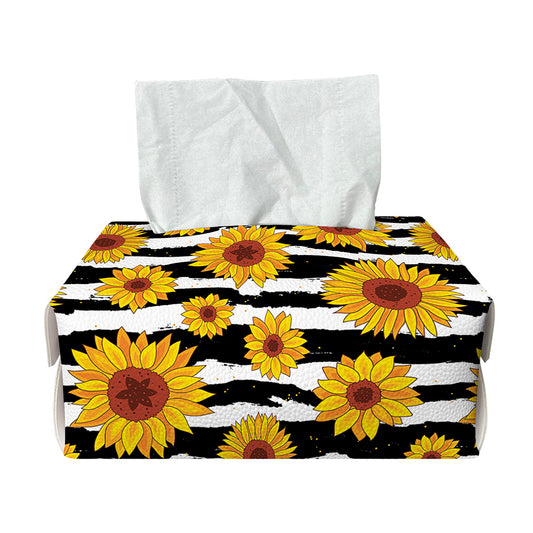 White And Black Stripe Sunflower Print Rectangle Tissue Box Cover