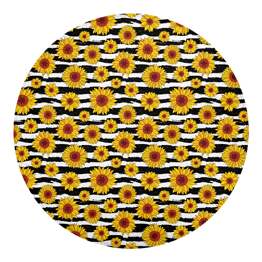 White And Black Stripe Sunflower Print Round Blanket
