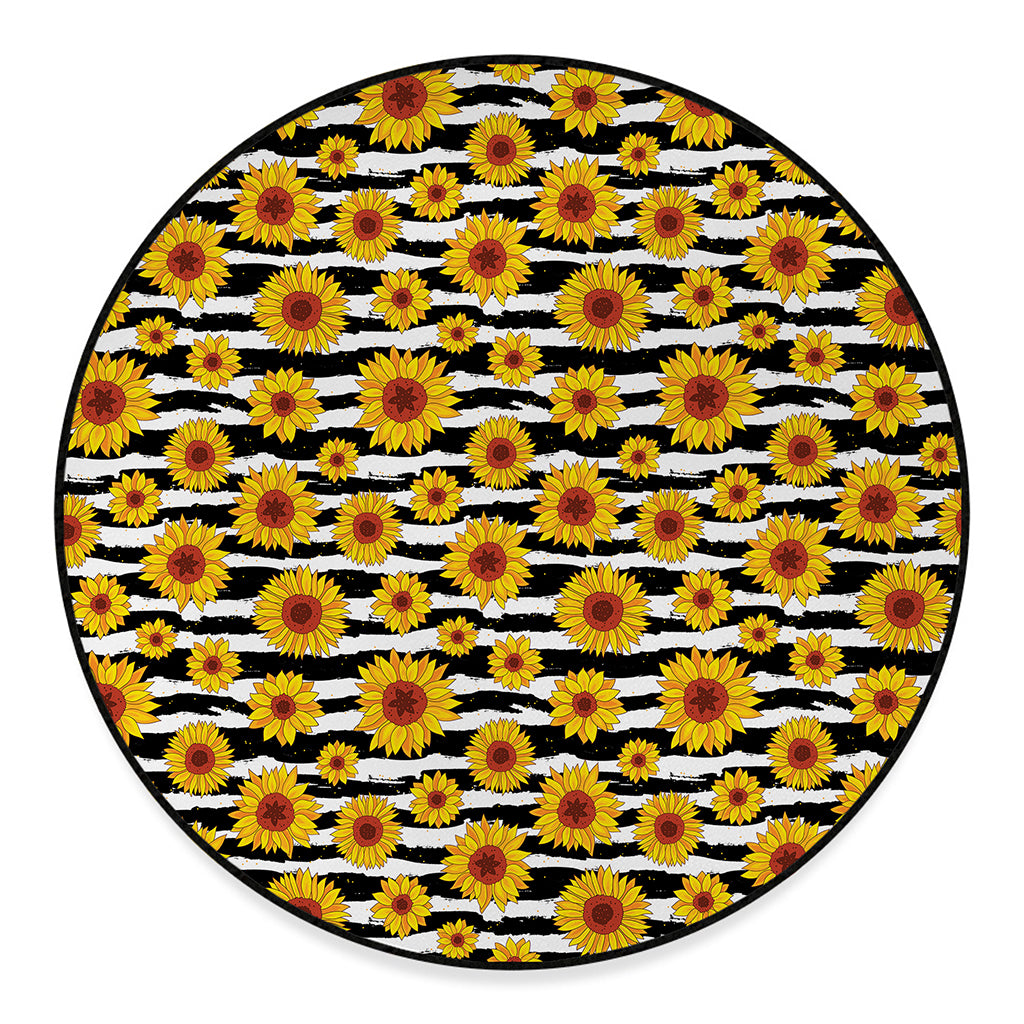 White And Black Stripe Sunflower Print Round Floor Mat