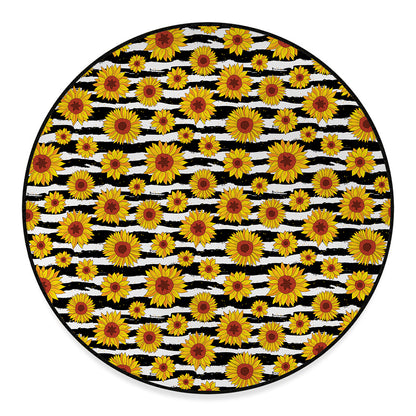White And Black Stripe Sunflower Print Round Floor Mat