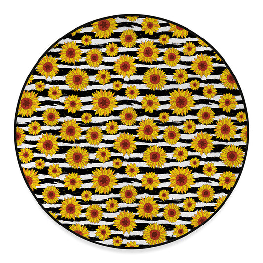 White And Black Stripe Sunflower Print Round Floor Mat
