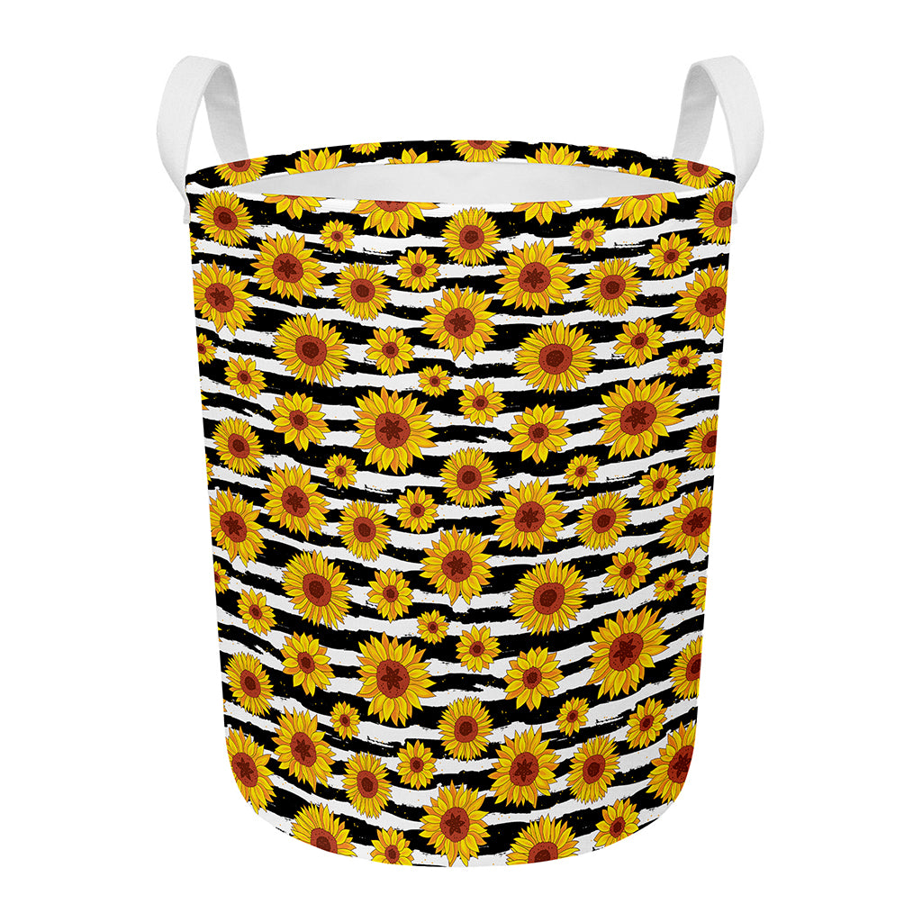 White And Black Stripe Sunflower Print Round Laundry Basket