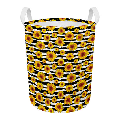 White And Black Stripe Sunflower Print Round Laundry Basket