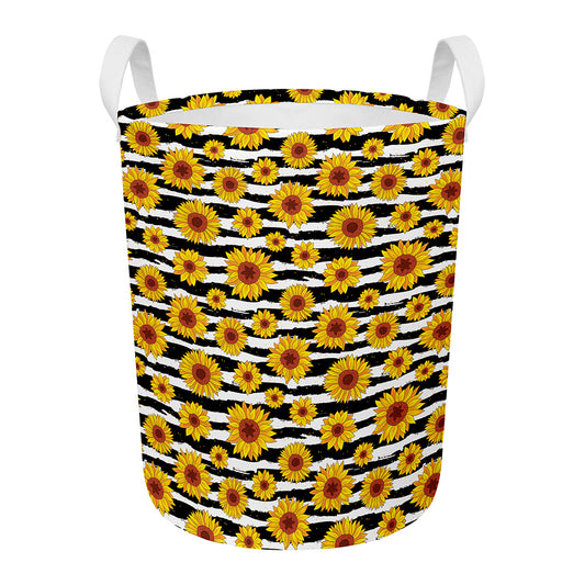 White And Black Stripe Sunflower Print Round Laundry Basket