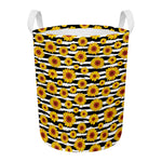White And Black Stripe Sunflower Print Round Laundry Basket