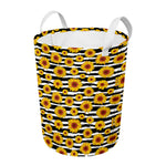 White And Black Stripe Sunflower Print Round Laundry Basket