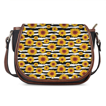 White And Black Stripe Sunflower Print Saddle Bag