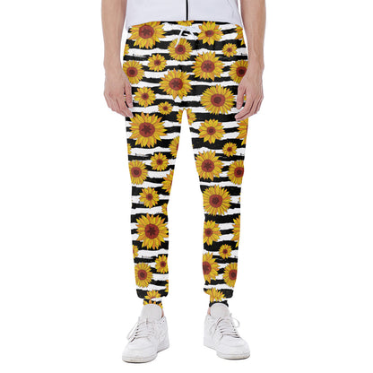 White And Black Stripe Sunflower Print Scuba Joggers