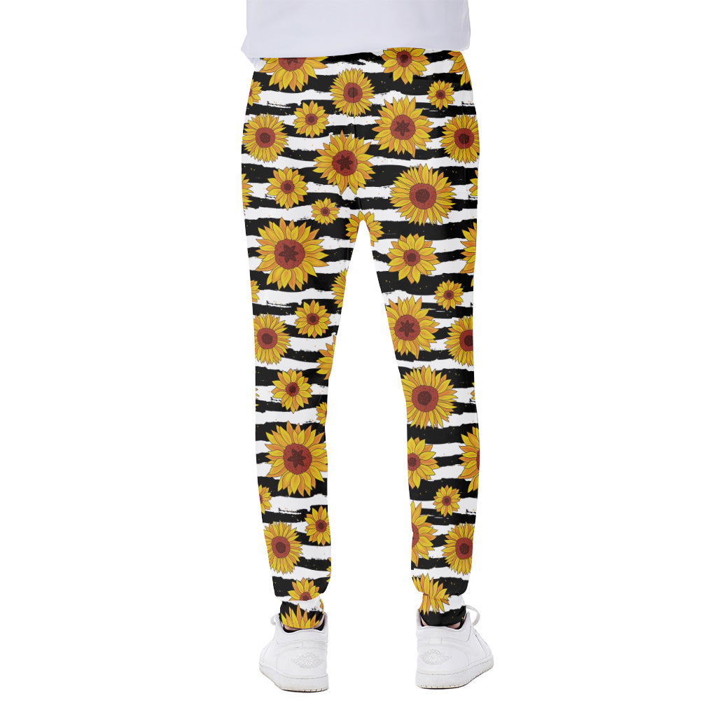White And Black Stripe Sunflower Print Scuba Joggers