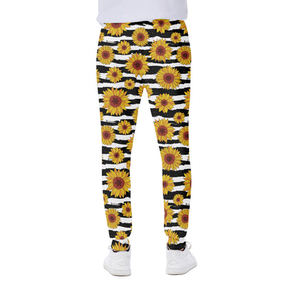 White And Black Stripe Sunflower Print Scuba Joggers