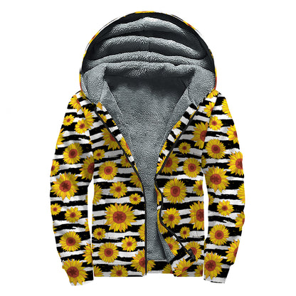 White And Black Stripe Sunflower Print Sherpa Lined Zip Up Hoodie