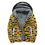 White And Black Stripe Sunflower Print Sherpa Lined Zip Up Hoodie