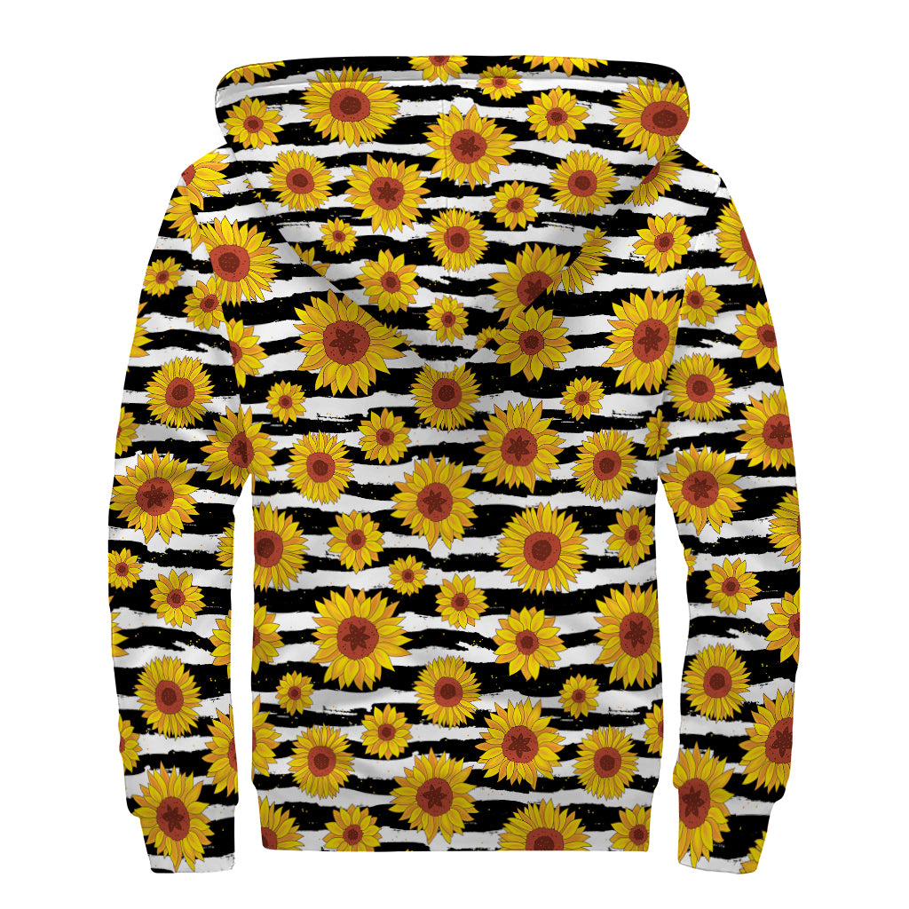 White And Black Stripe Sunflower Print Sherpa Lined Zip Up Hoodie