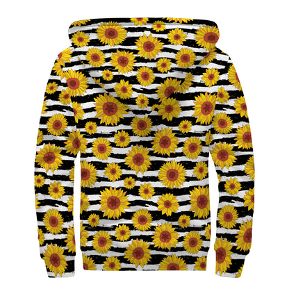 White And Black Stripe Sunflower Print Sherpa Lined Zip Up Hoodie
