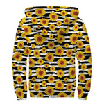 White And Black Stripe Sunflower Print Sherpa Lined Zip Up Hoodie