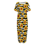 White And Black Stripe Sunflower Print Short Sleeve Long Nightdress