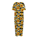 White And Black Stripe Sunflower Print Short Sleeve Long Nightdress