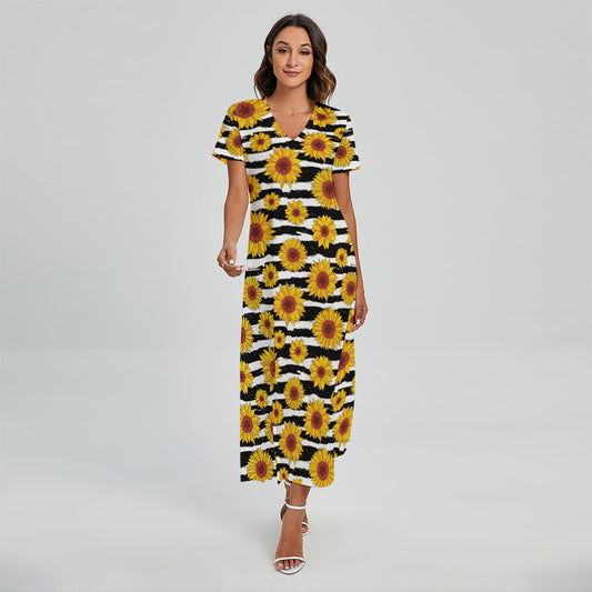 White And Black Stripe Sunflower Print Short Sleeve Maxi Dress