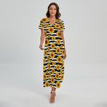 White And Black Stripe Sunflower Print Short Sleeve Maxi Dress