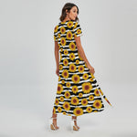 White And Black Stripe Sunflower Print Short Sleeve Maxi Dress