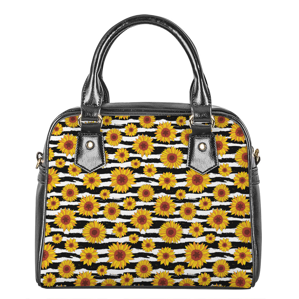 White And Black Stripe Sunflower Print Shoulder Handbag