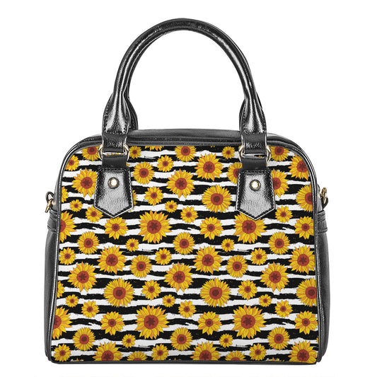 White And Black Stripe Sunflower Print Shoulder Handbag