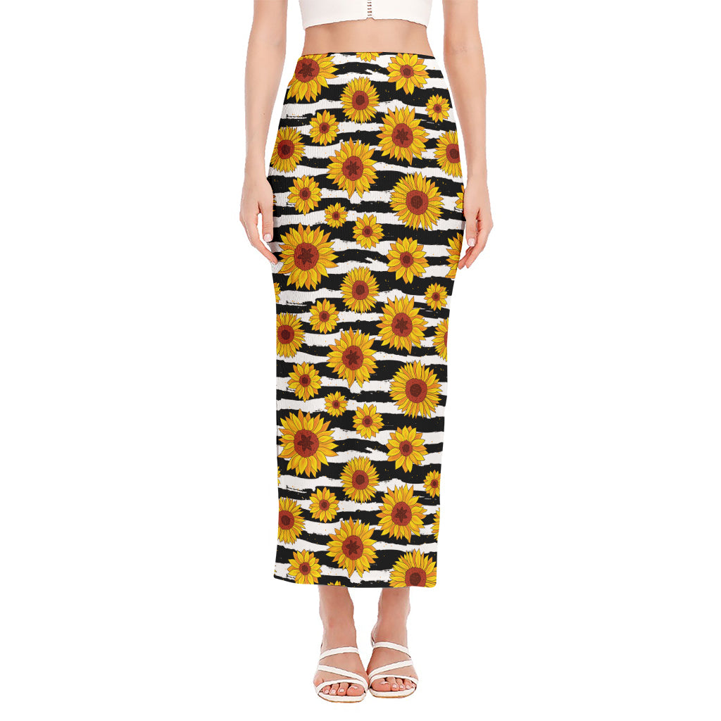 White And Black Stripe Sunflower Print Side Slit Maxi Skirt