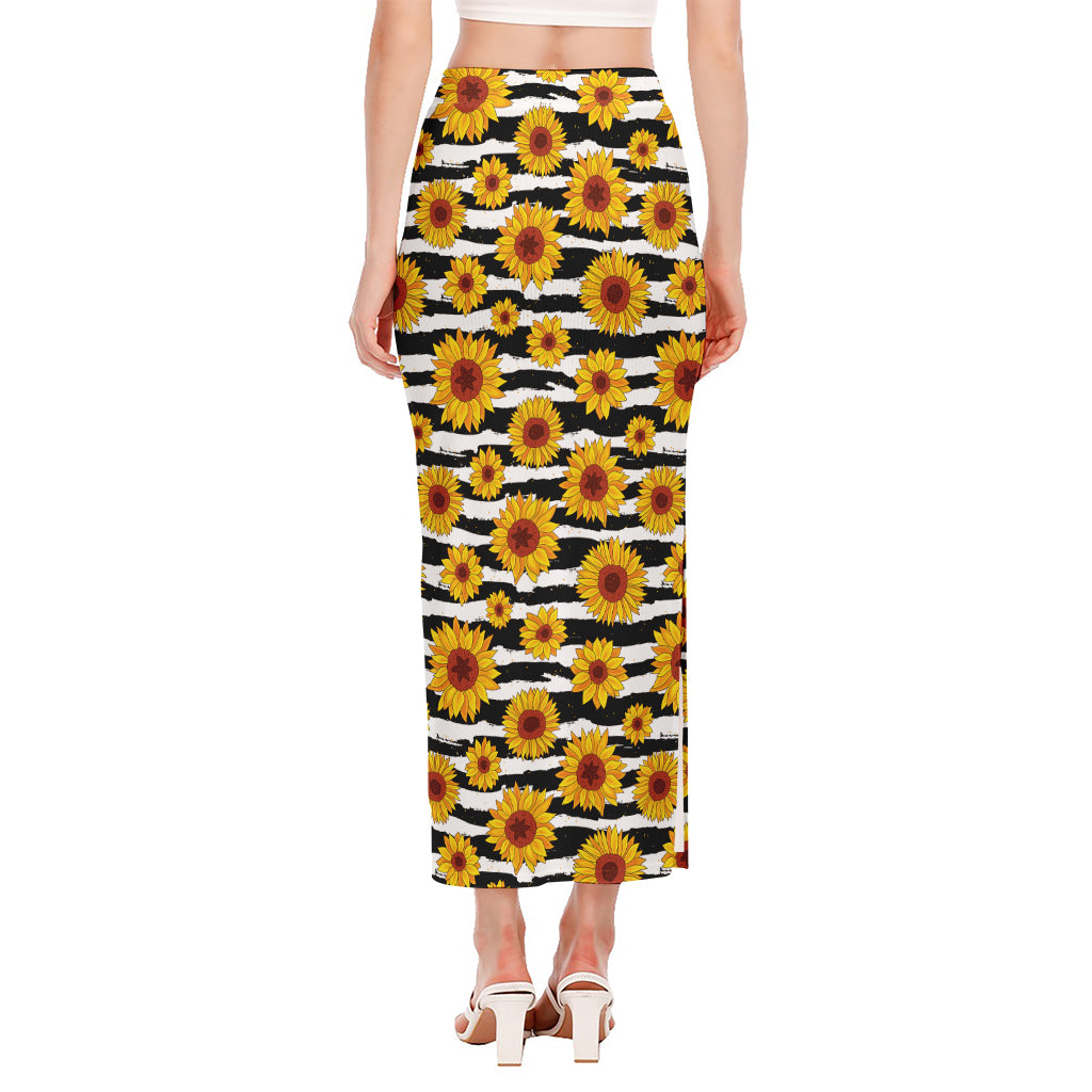 White And Black Stripe Sunflower Print Side Slit Maxi Skirt